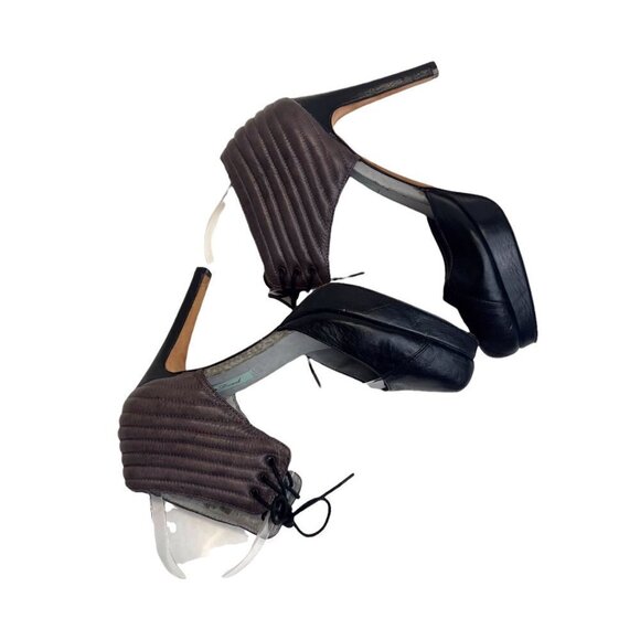 Geren Ford Tess Ankle Tie Heels Size 7.5 Ladies Black and Taupe Leather Pinup - Picture 3 of 9